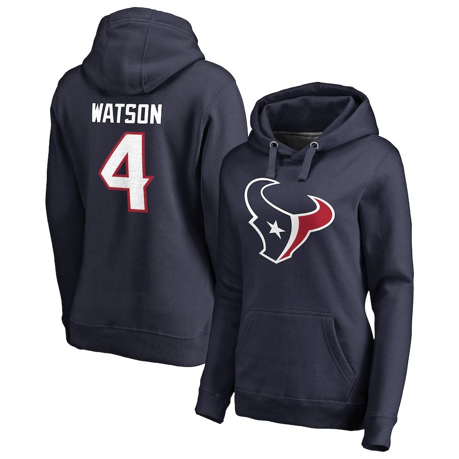 Women Houston Texans #4 Deshaun Watson NFL Pro Line by Fanatics Branded Navy Player Icon Name & Number Pullover Hoodie